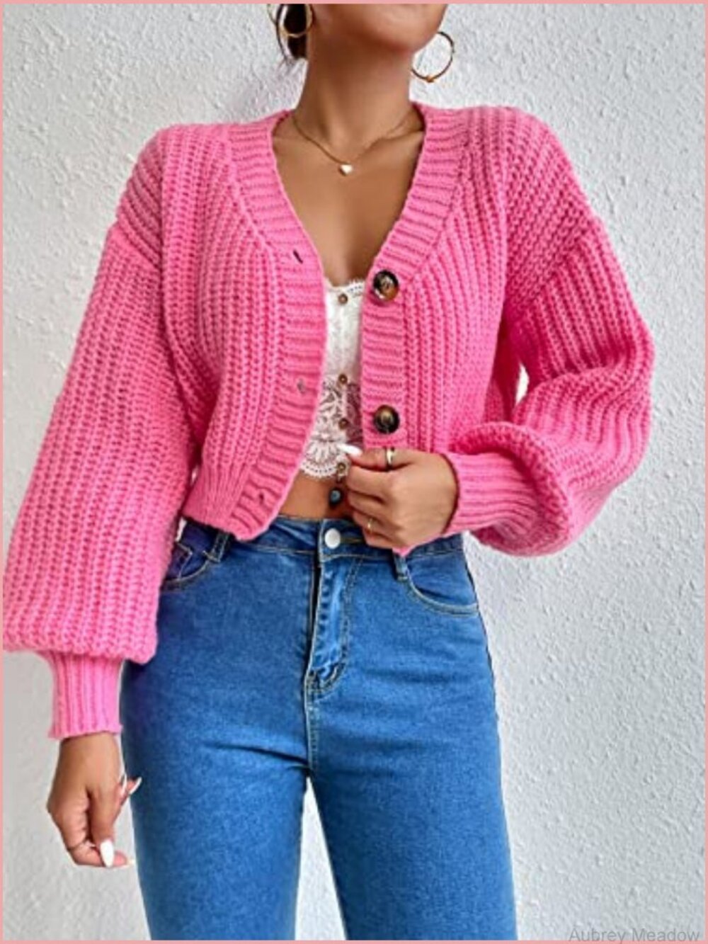 Chunky Crop Cardigan Sweater Button Up Cable Knit Lantern Sleeve - Picture 5 of 7